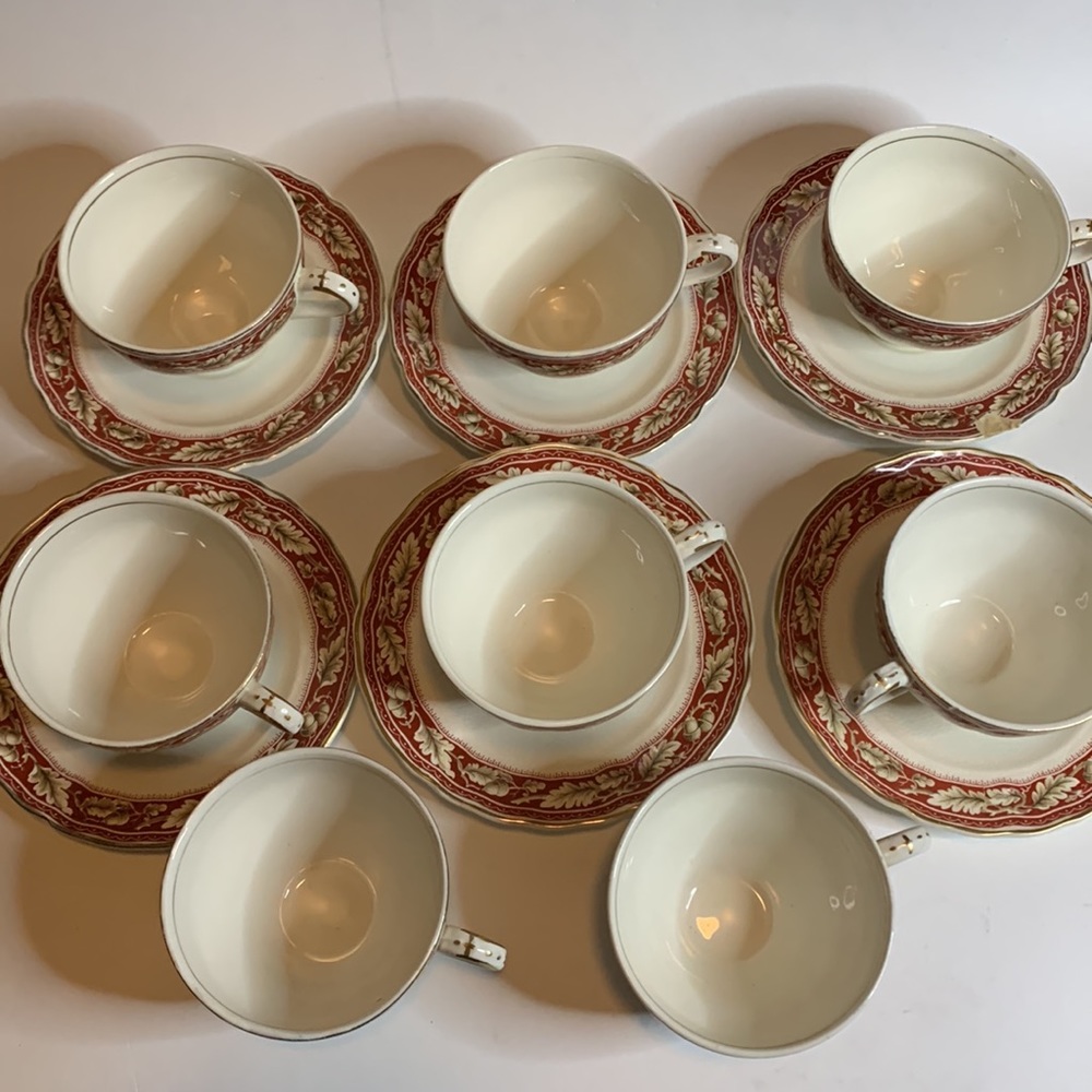 14-Grindley Oakland Maroon Pieces 8-Tea Cups 6-Saucers Marlborough England